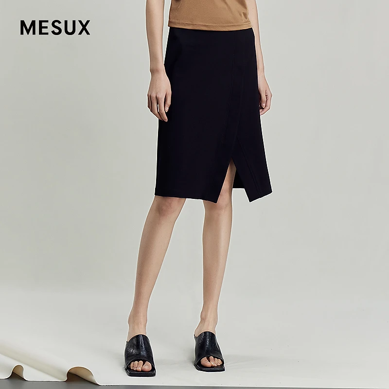 MESUX米岫夏新款针织开叉斜门襟设计金属袢半裙MKMUS305