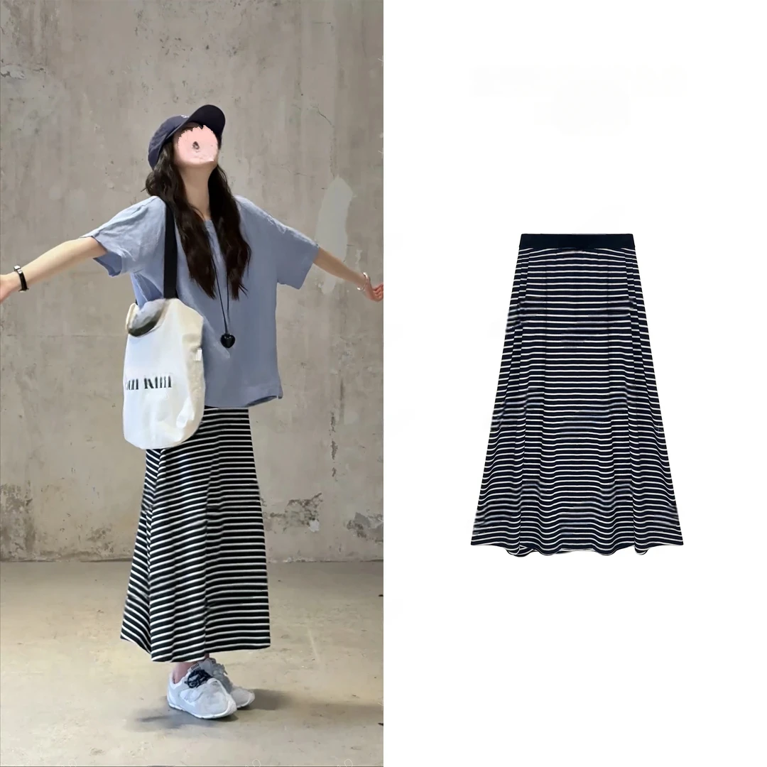 XURUOTAO 【松弛感】白色条纹设计感高腰显瘦蓝色半身裙