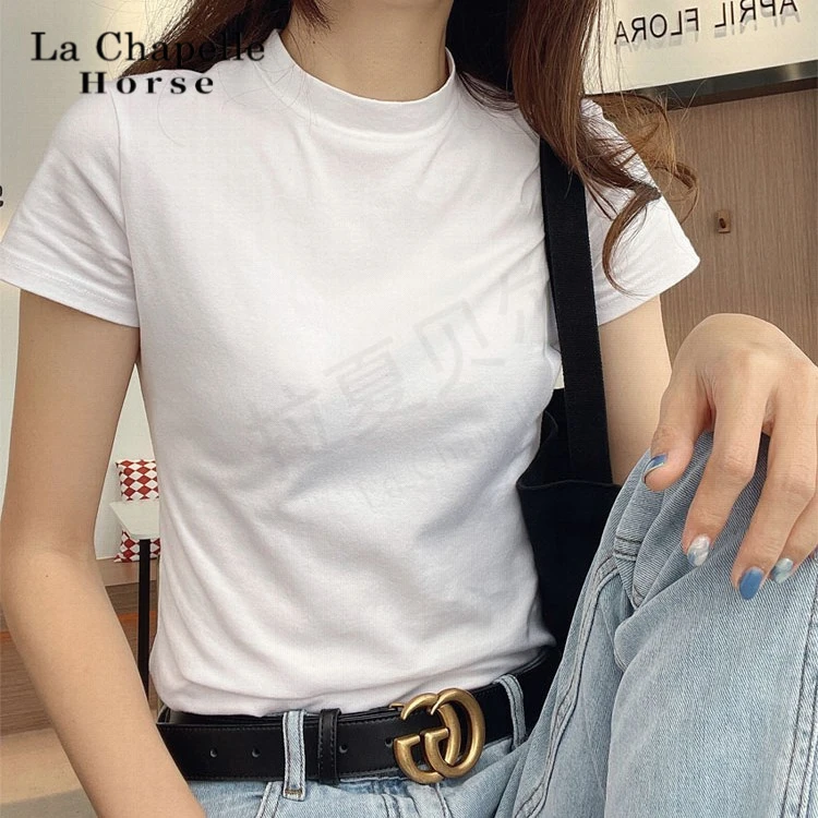 拉夏贝尔2024新款正肩短袖T恤女修身紧身纯棉白色半高领打底衫夏