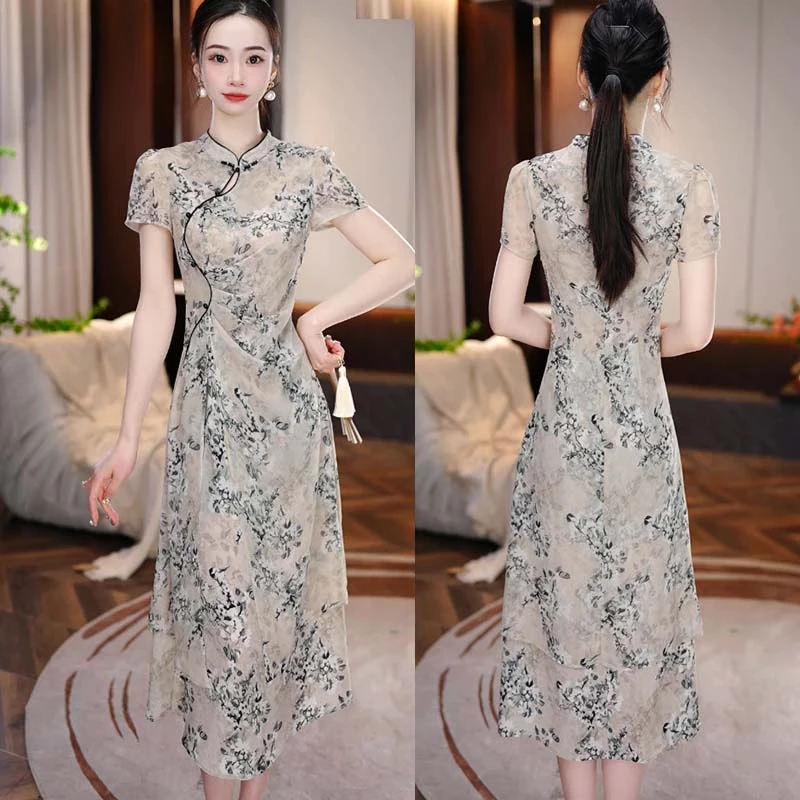 2025年夏季新款收腰显瘦旗袍连衣裙气质高贵轻奢高端连衣裙D2187