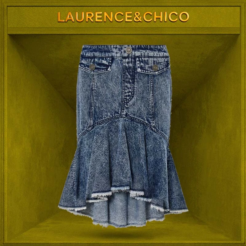 LC粗花呢拼牛仔鱼尾半裙，蓝色D3AQ10114005