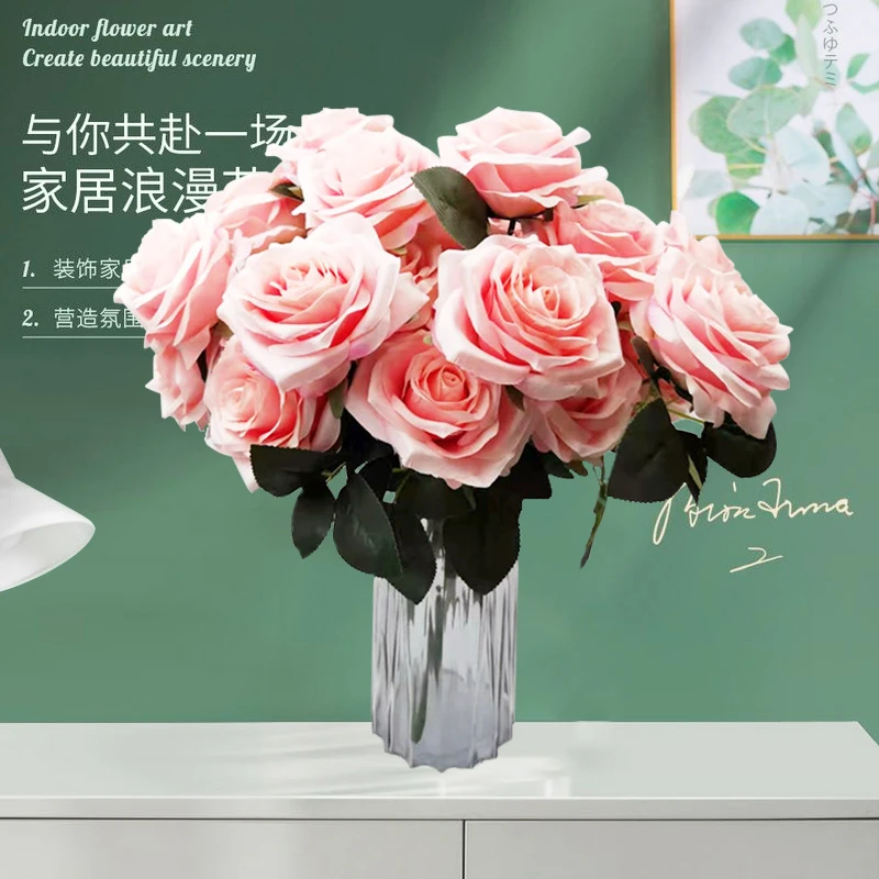 欧式仿真花束10叉法式玫瑰花束摆件 客厅装饰餐桌花艺绢花假花