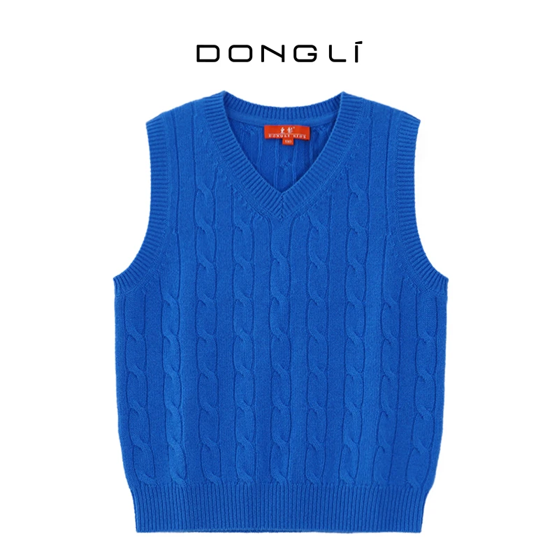 东黎 山羊绒 儿童绞花V领套头马甲宽松百搭4A76