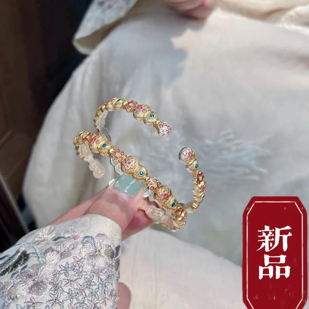 足银手镯 22号-描金珐琅葫芦【开口】手镯