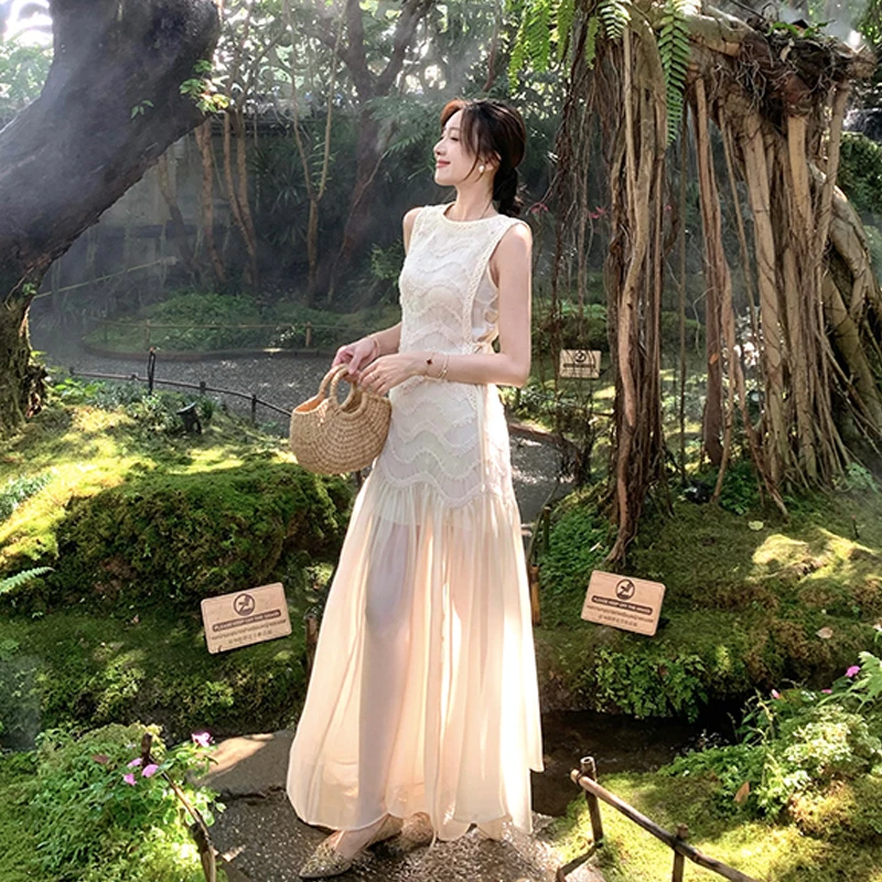 白色无袖收腰显瘦长裙2025夏季新款法式高级感连衣裙气质轻奢裙子