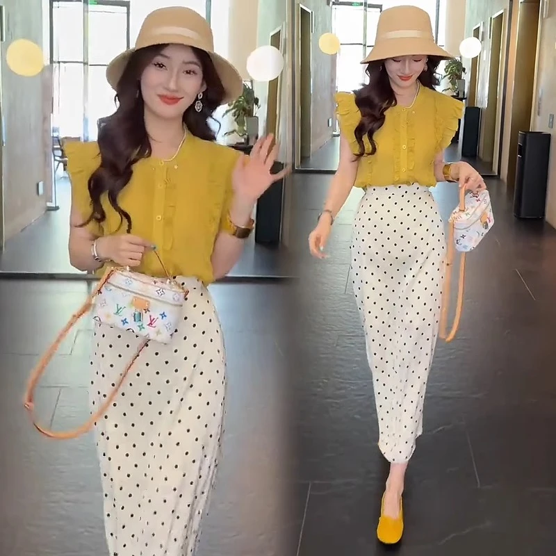 时尚套装裙女2025夏季新款洋气显瘦木耳边小衫半身裙减龄两件套潮