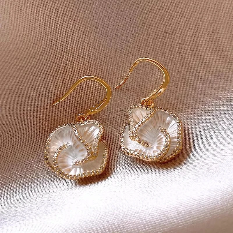 925银玻璃耳饰 5878#滴山茶花【镶钻款】耳钩气质新款耳钉复古高级