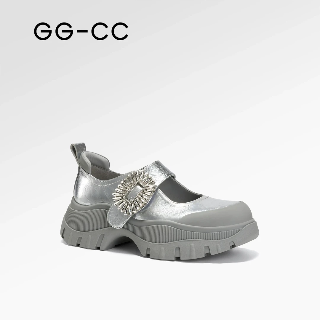 【时空少女】GGCC2025春季新款时尚厚底玛丽珍鞋银色真皮单鞋皮鞋