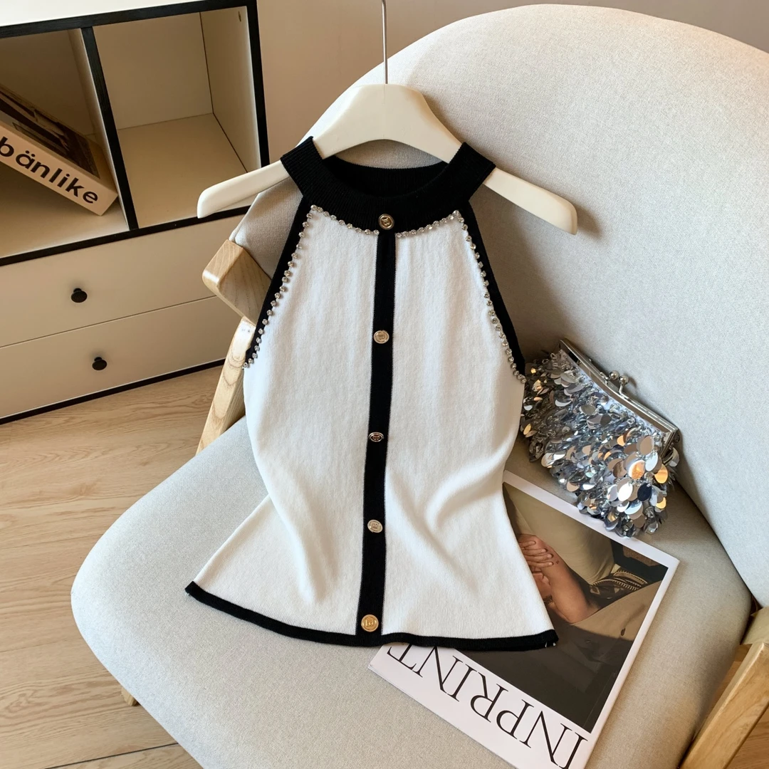 LaChapelle/拉夏贝尔无袖挂脖镶钻背心小金扣针织衫上衣吊带气