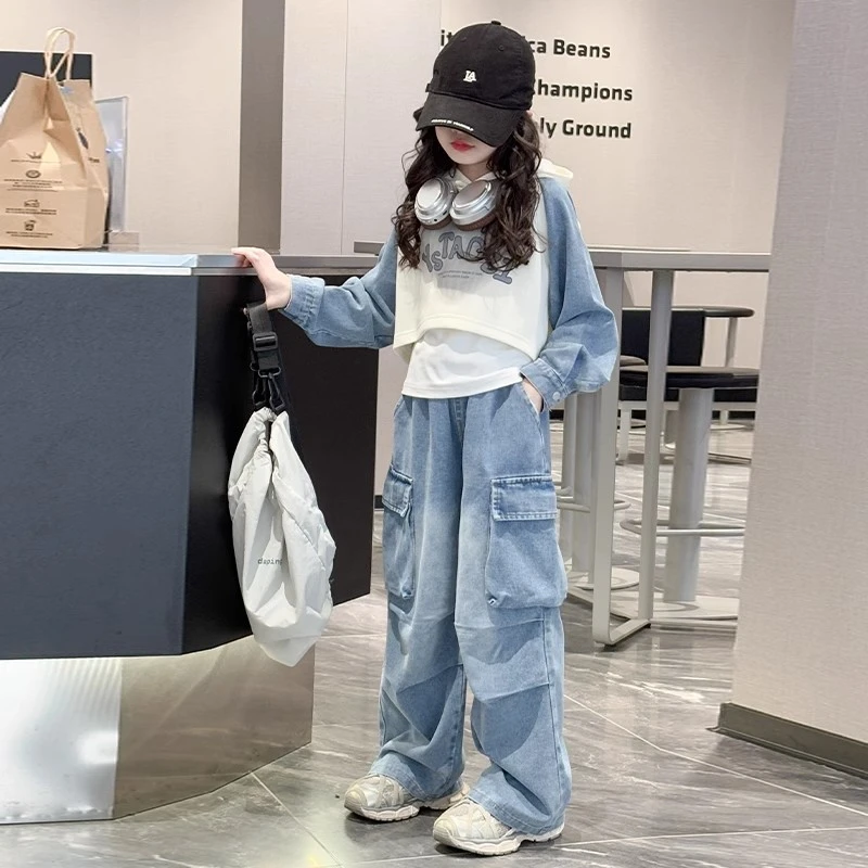 女童春秋套装2025新款洋气大童时髦卫衣秋装儿童牛仔工装裤三件套