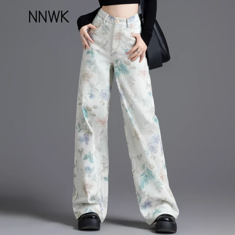 阔腿牛仔裤女春秋2025年新款直筒裤宽松高腰彩绘女士印花阔腿裤女