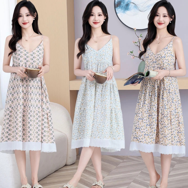 云朵棉吊带睡裙女夏季中长款甜美碎花蕾丝花边连衣裙可外穿家居服