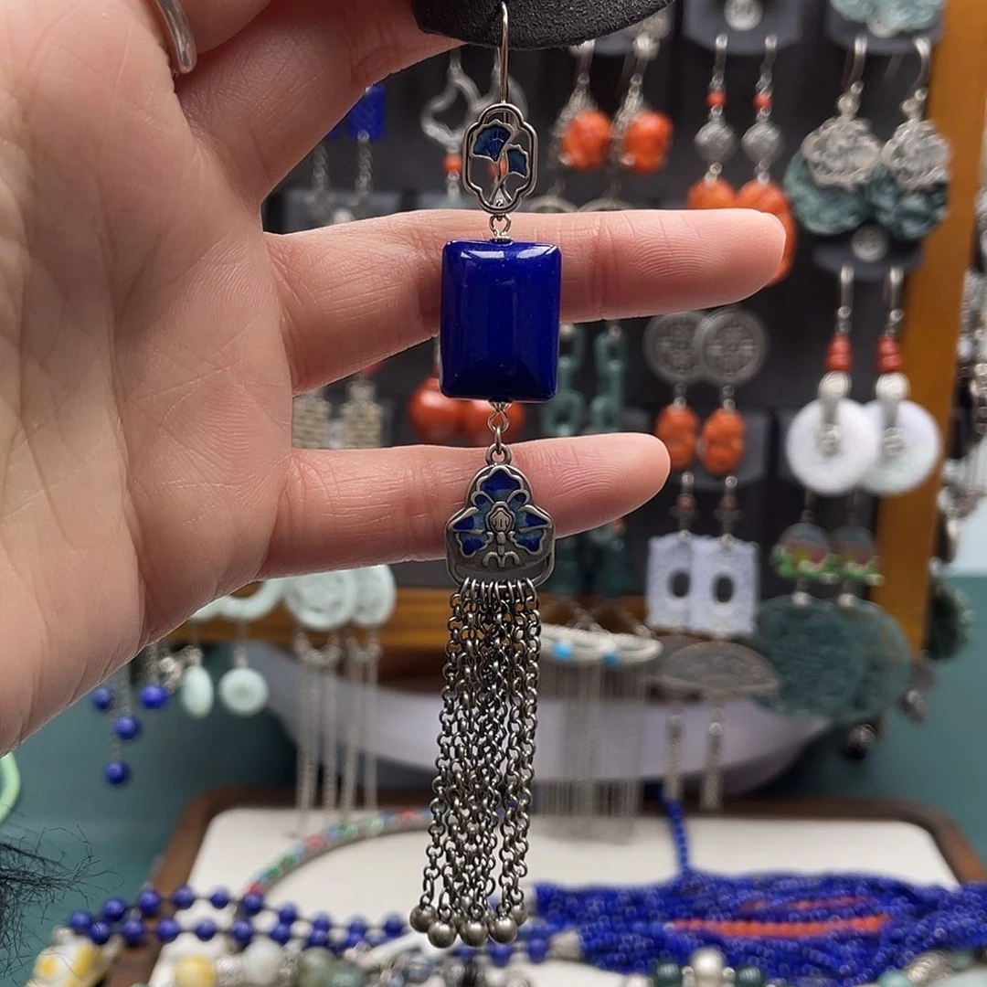 青金石耳饰银S925镶嵌梨*?饰品