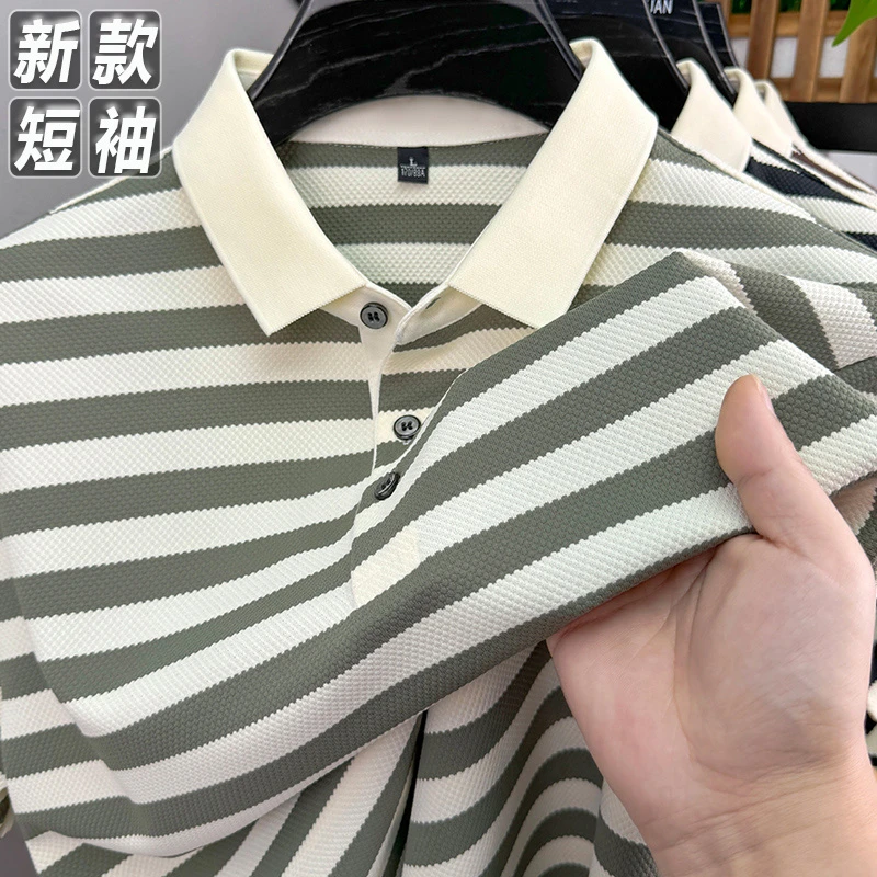 夏季时尚休闲条纹POLO衫男日常宽松百搭短袖T恤大码翻领男装上衣