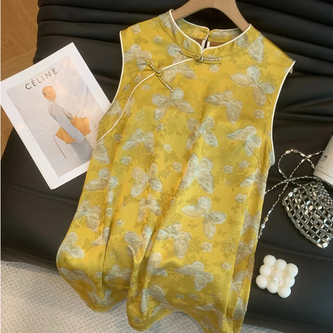 国风黄色蝴蝶印花盘扣无袖上衣新中式女2025年2025炸街国风衣服女