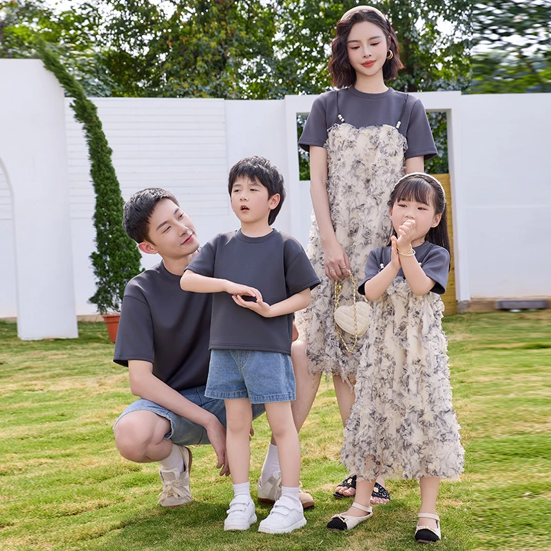 超漂亮亲子装夏一家三四口新款母女韩系拼接假两件碎花连衣裙套装