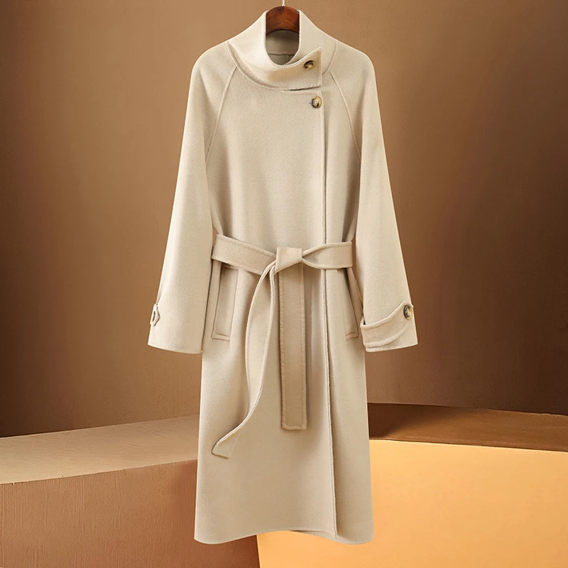 秋冬新款纯羊毛双面尼大衣女立领系带风衣式毛呢外套气质开衫