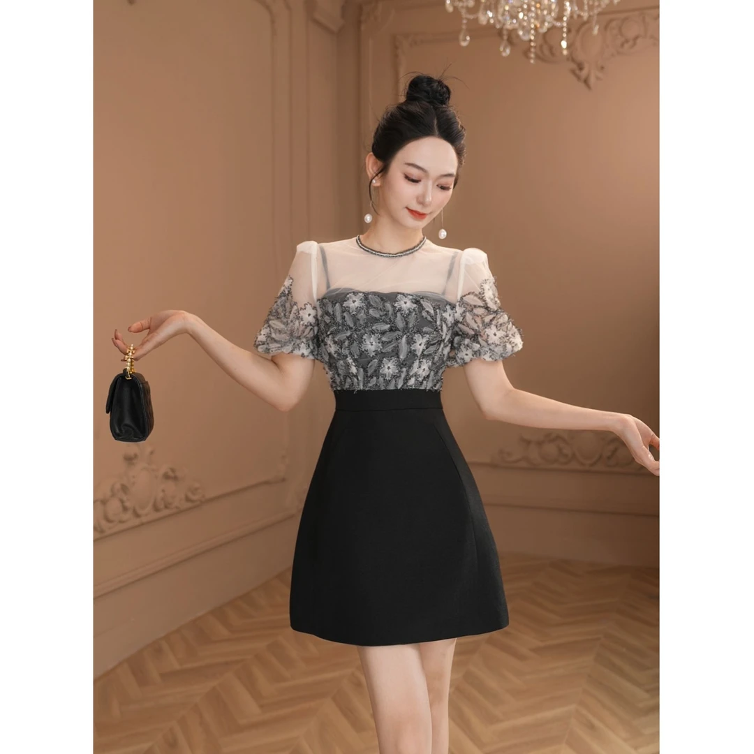 气质名媛复古时尚法式一字肩纯欲风蕾丝拼接收腰显瘦连衣裙21499