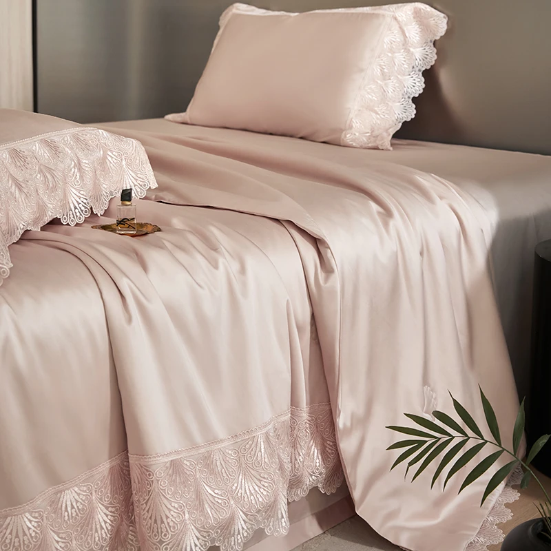 法式高档天丝棉夏凉被床盖四件套轻奢高级感蕾丝花边蚕丝空调被子