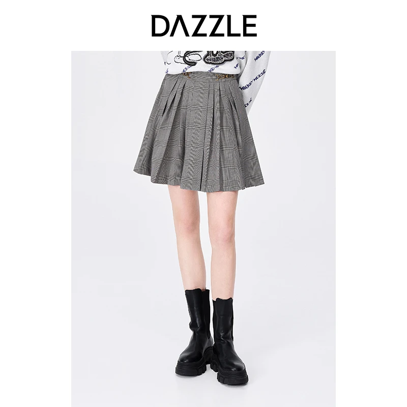 【品牌奥莱】DAZZLE地素 复古格纹高腰百褶裙半身裙女2D3S2063N