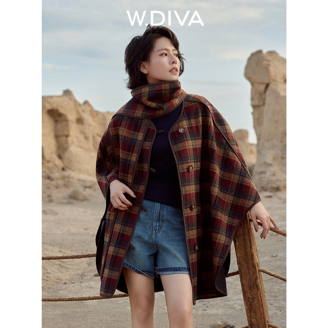 W.Diva【赫布里底之拥】羊毛棕红格复古披风老钱风松弛感53C182439