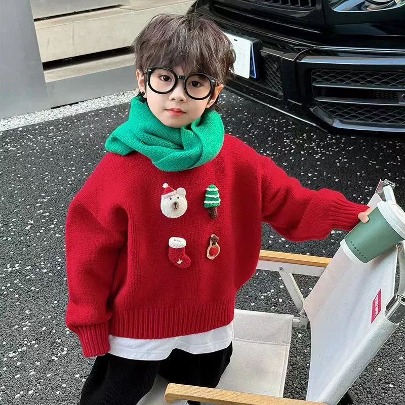 男女童新年款洋气范圣诞红毛衣