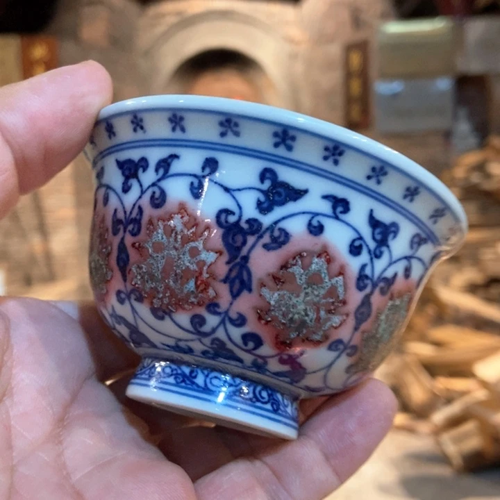 三哥柴窑青花釉里红永乐压手杯