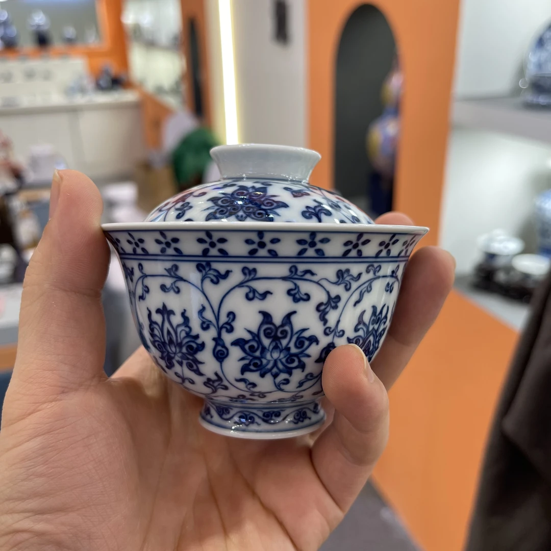 钟家窑柴窑手绘缠枝莲陶瓷釉下彩二才盖碗茶具