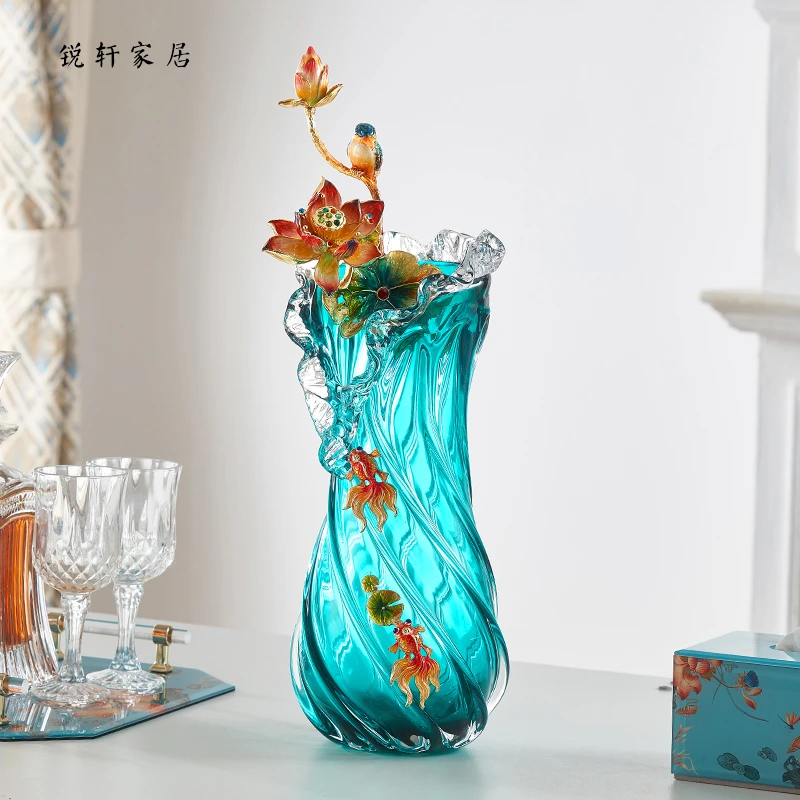 高端珐琅彩蓝色艺术琉璃装饰花瓶摆件轻奢高级感客厅软装饰品
