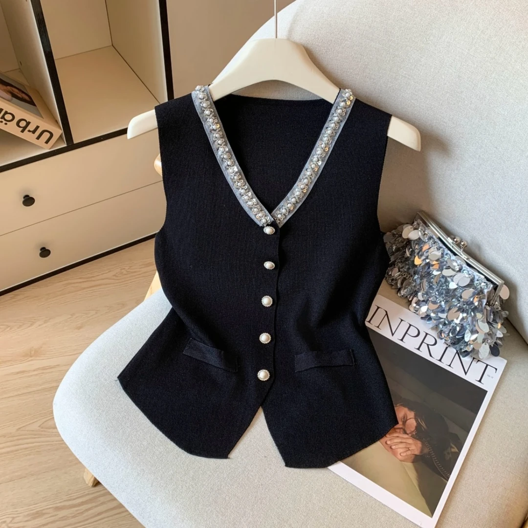 （浠儿姐姐)重工钉珠v领无袖上衣夏季女款修身显瘦冰丝针织衫小众