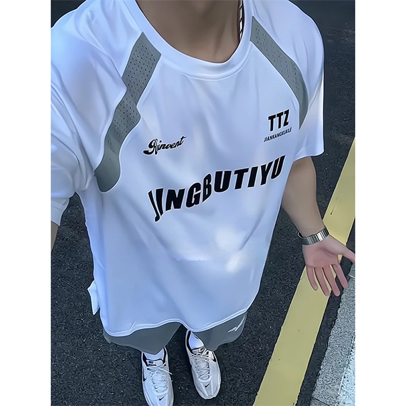 美式复古冰丝速干短袖T恤男款夏季运动健身体育生篮球透气训练服