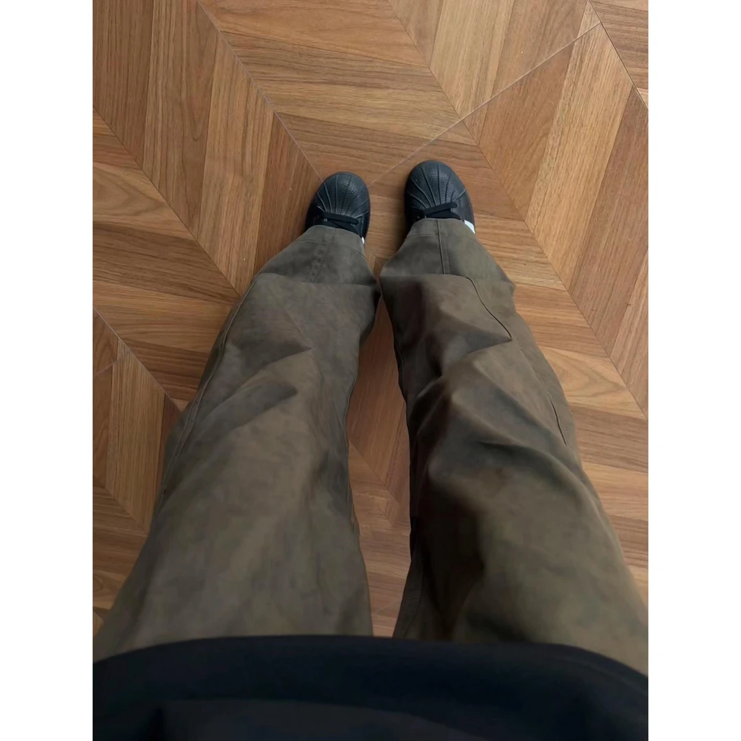 棕色美式复古褶皱裤子男款秋季cleanfit直筒工装裤vibe风微喇长裤