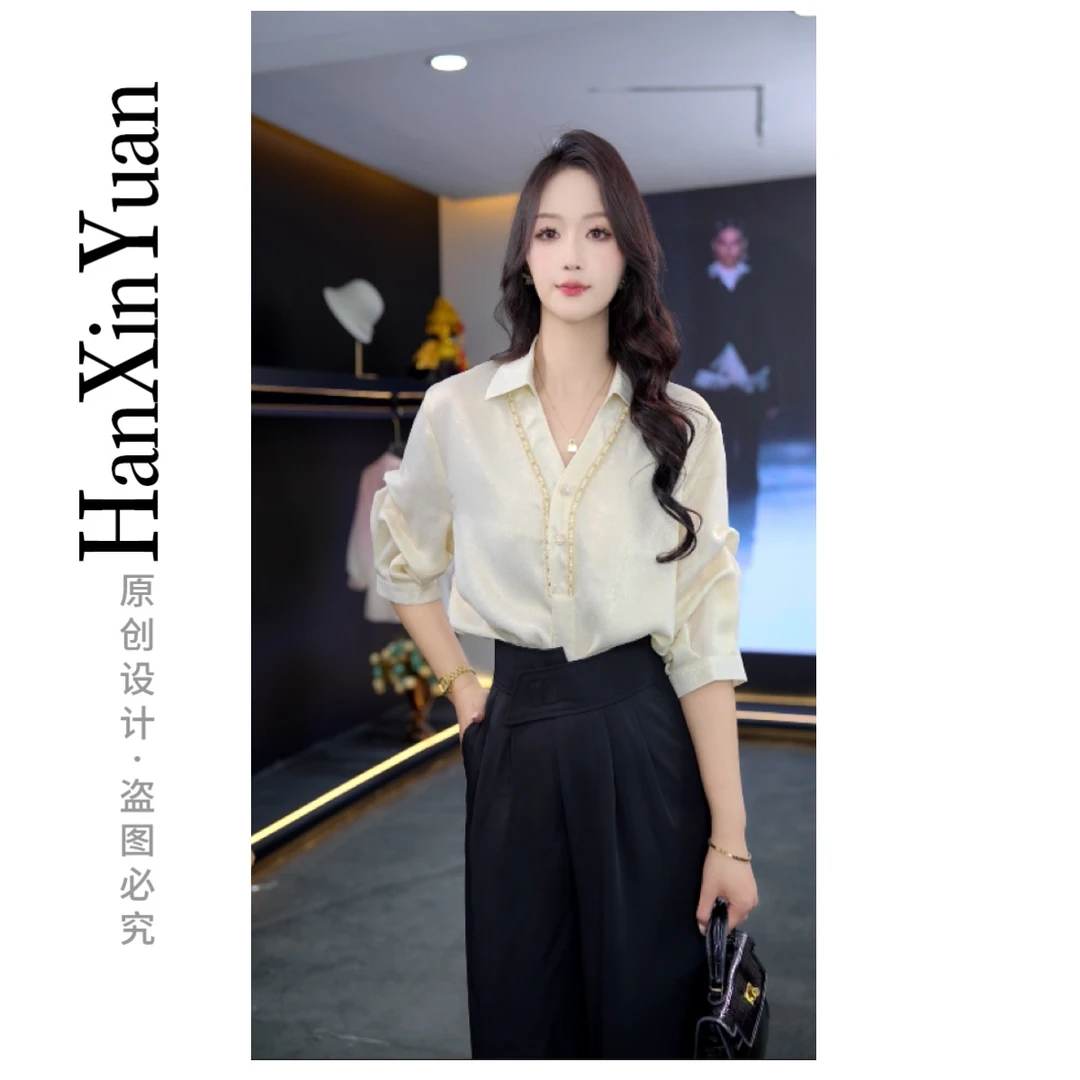 XG292-夏新款简约优雅宽松袋衬衫显瘦遮肉款洋气南油高定穿搭