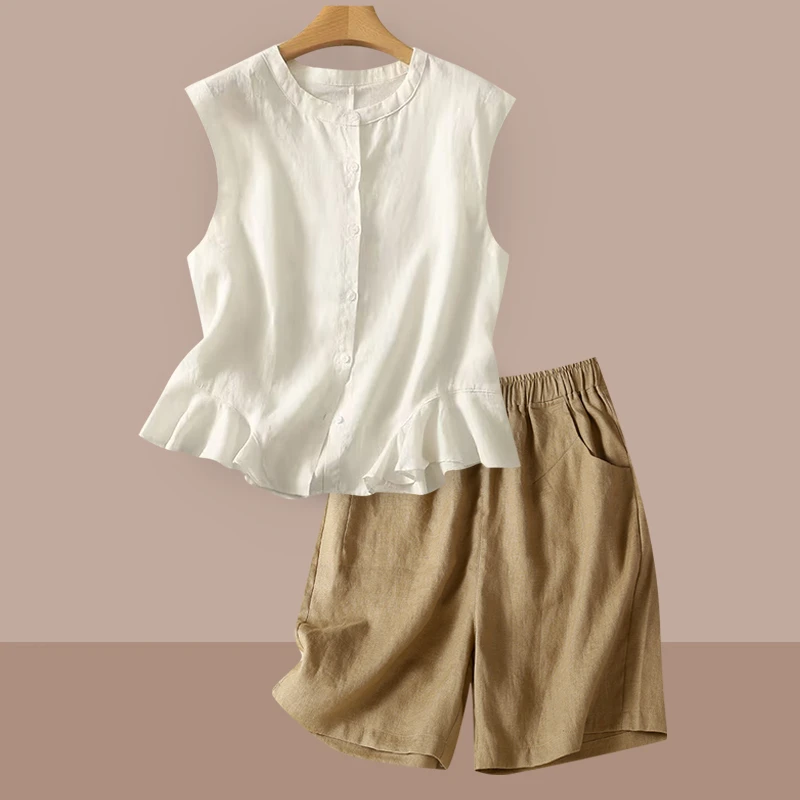 高端轻奢苎麻套装女夏季洋气减龄亚麻无袖衬衫短裤时尚休闲两件套