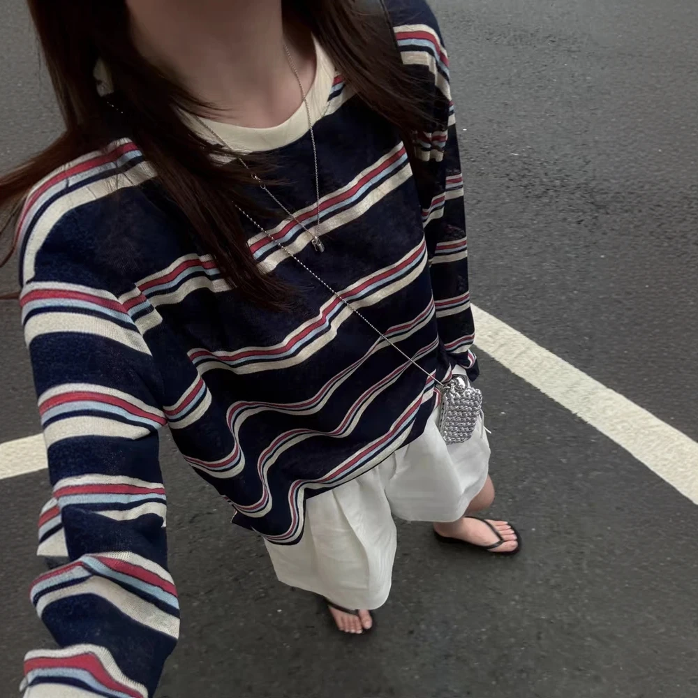 韩版复古条纹圆领长袖衫女宽松半透视防晒衫上衣夏季新款减龄