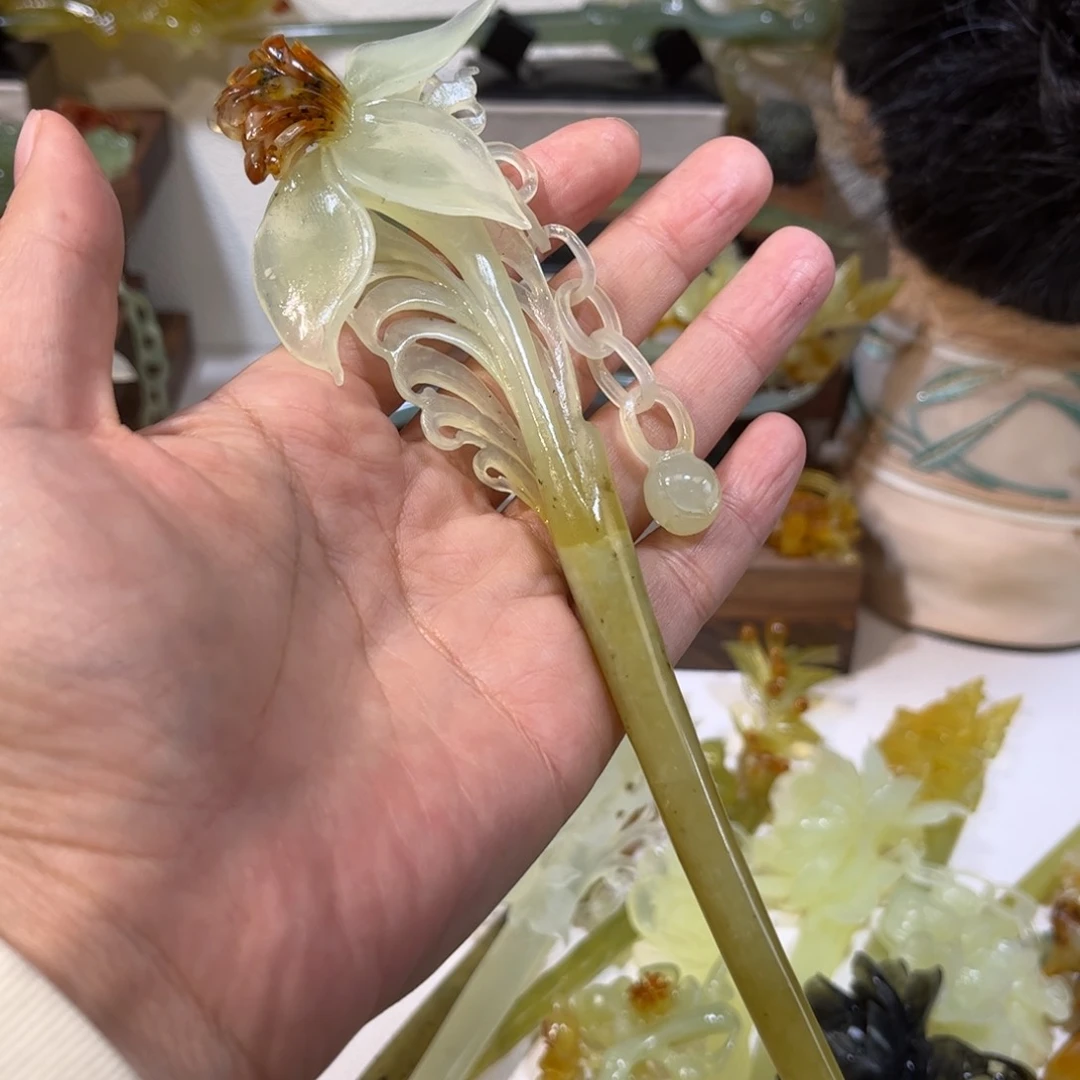 蛇纹石玉发簪合金海*青