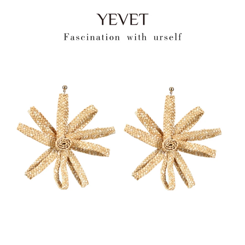 非金属布艺耳饰 易梦玲同款草编大花朵耳环独特耳钉显脸小耳饰