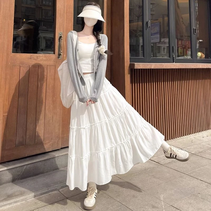 白色半身裙女夏季2025新款高腰a字中长款春秋蓬蓬裙芭蕾蛋糕裙子