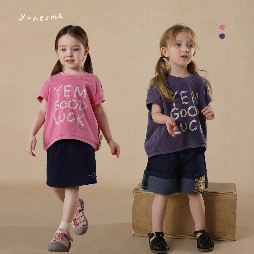 宝宝幼儿园夏季扎染字母廓形短袖允儿妈女童2025新款纯棉T恤上衣