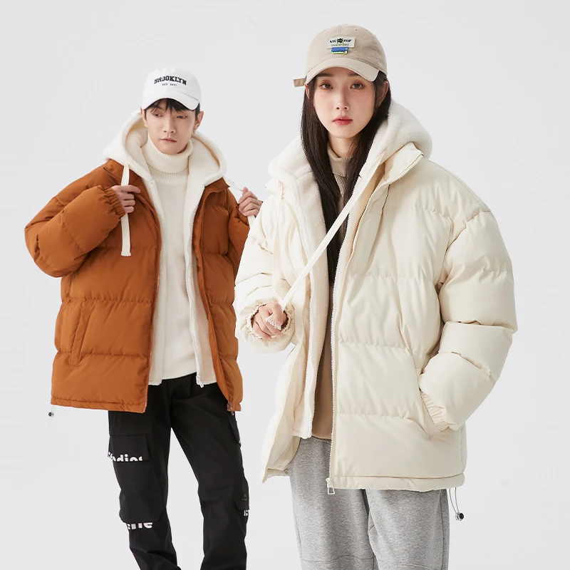 冬季假两件男女同款加绒加厚棉服百连帽情侣外套