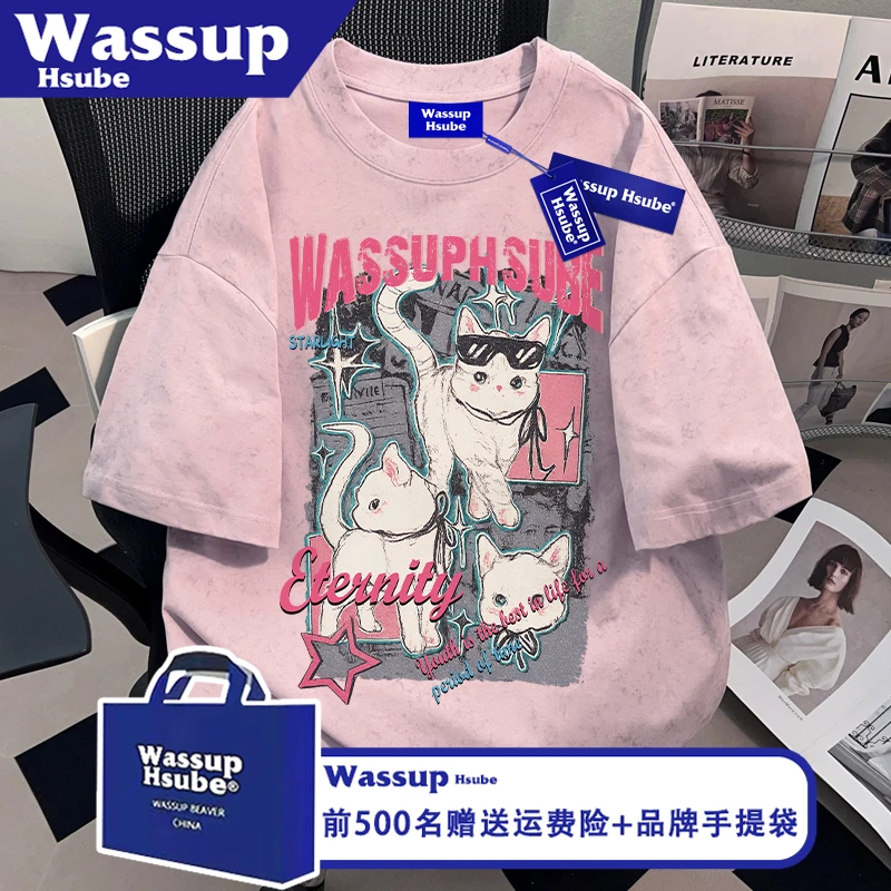 WASSUP HSUBE夏可爱小猫印花短袖ins粉色蜡染纯棉半袖男女宽松T恤