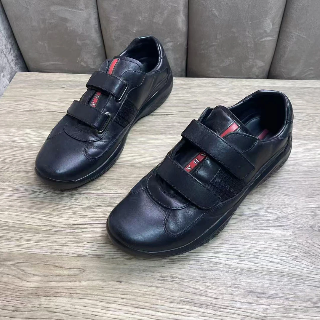 95新 Prada/普拉达 黑色男士红标舒适百搭魔术贴板鞋 39码/捡漏