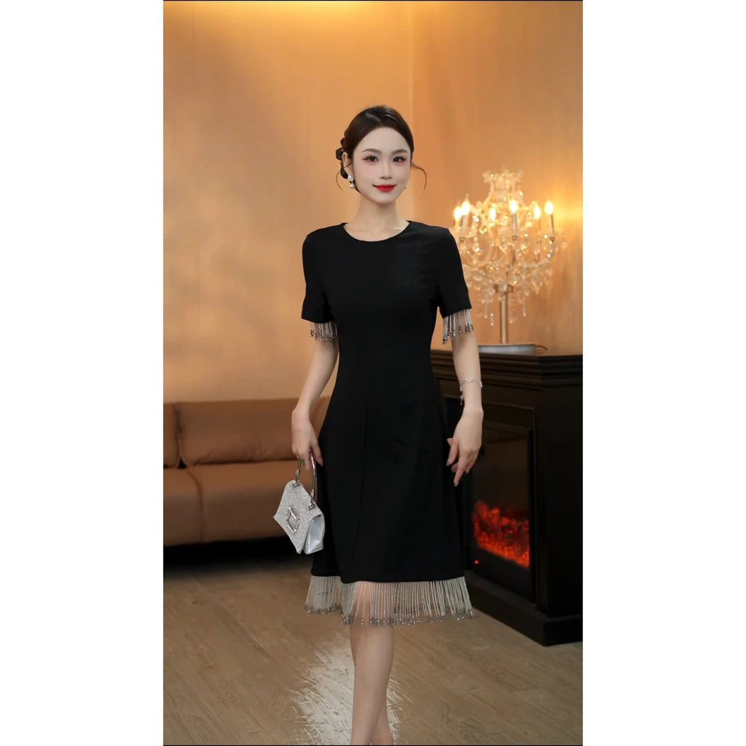 3423赫本风气质流苏黑色连衣裙女装新款名媛优雅a字礼服长裙