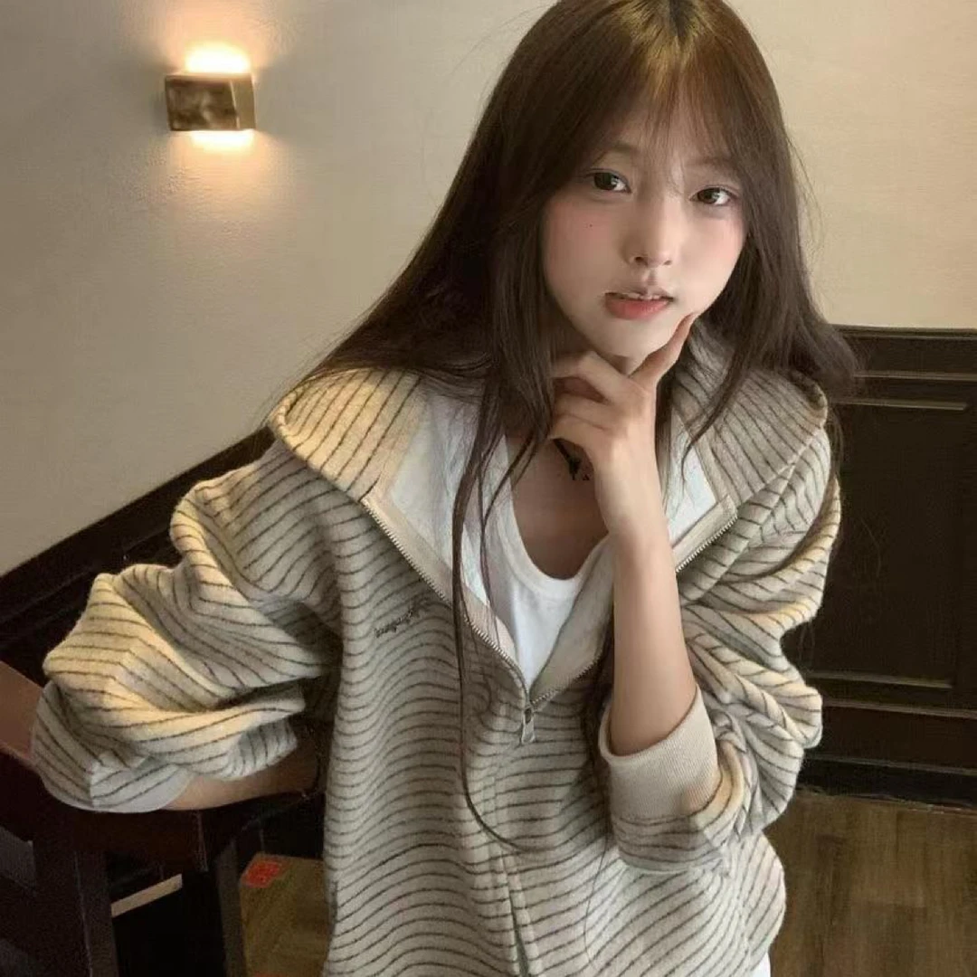 复古条纹开衫连帽拉链卫衣女春秋慵懒风独特气质设计感休闲外套潮