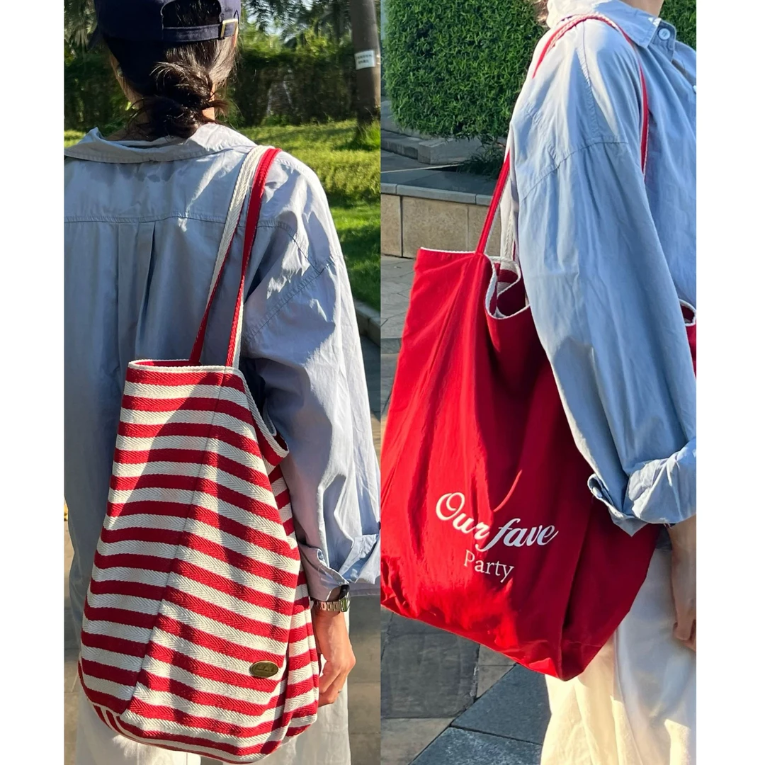 A155 双面可用条纹帆布包女韩版托特包休闲慵懒风大容量