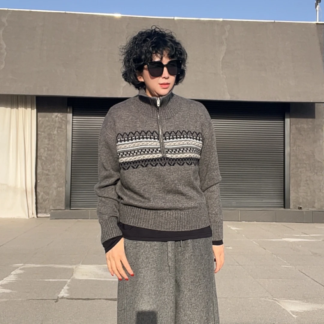 韩系2025高级感半拉链翻领细闪提花女秋冬宽松加厚毛衣打底毛衫