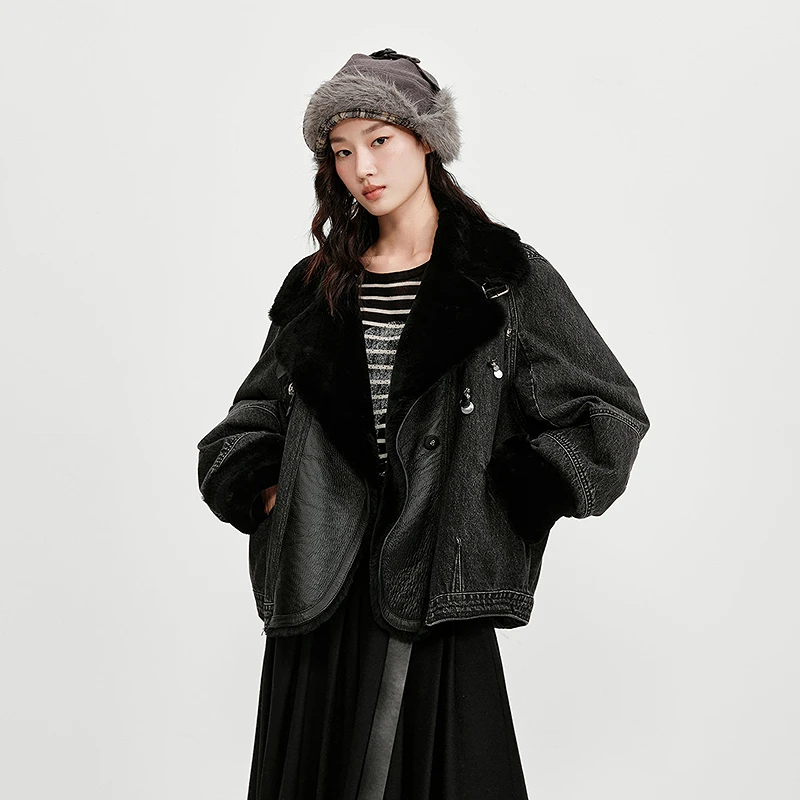 【商场同款】HPLY荷比俪牛仔羊毛毛皮轻羽鹅绒羽绒服HMF43560075