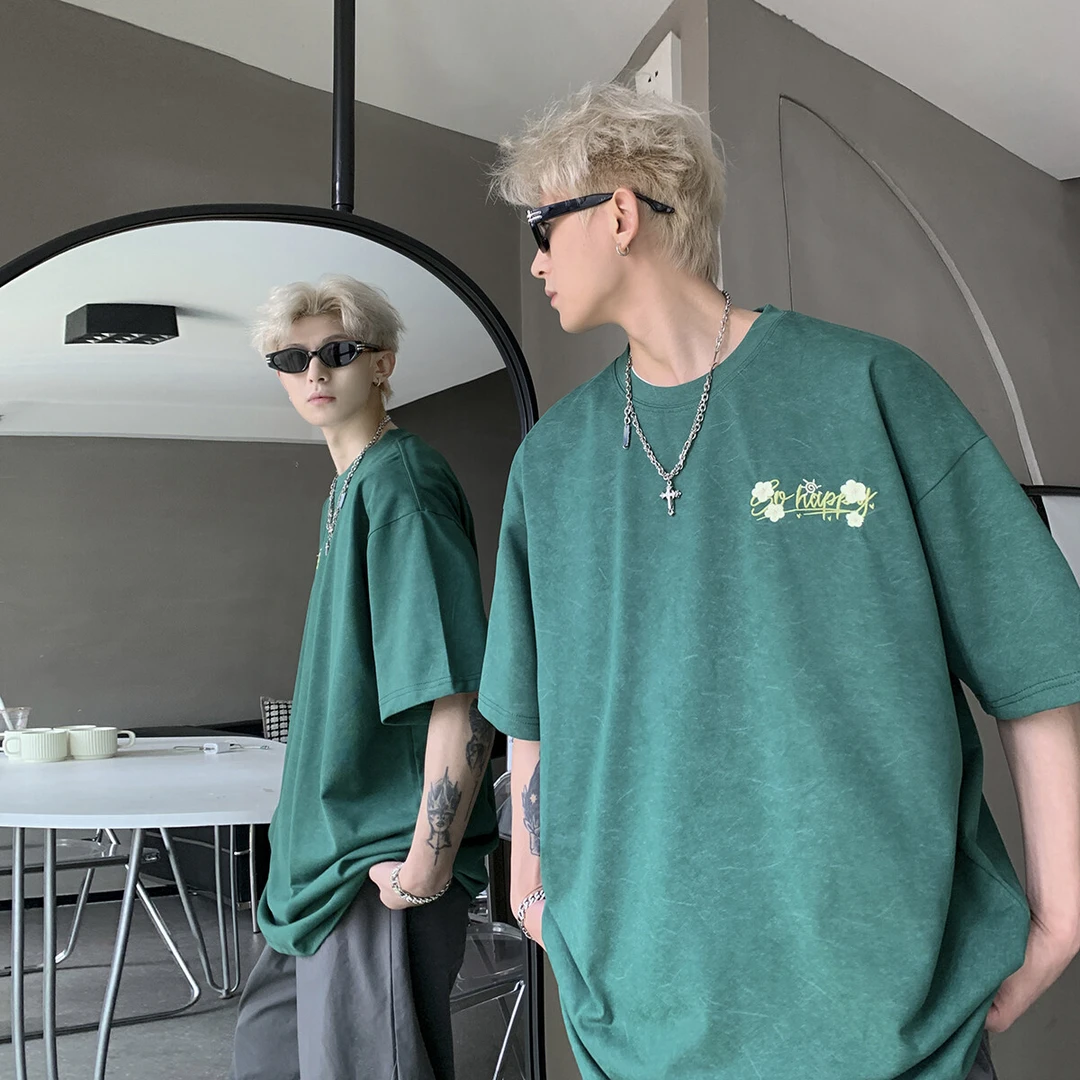 美式复古短袖T恤男夏季刺绣字母小标ins潮流oversize宽松半袖上衣