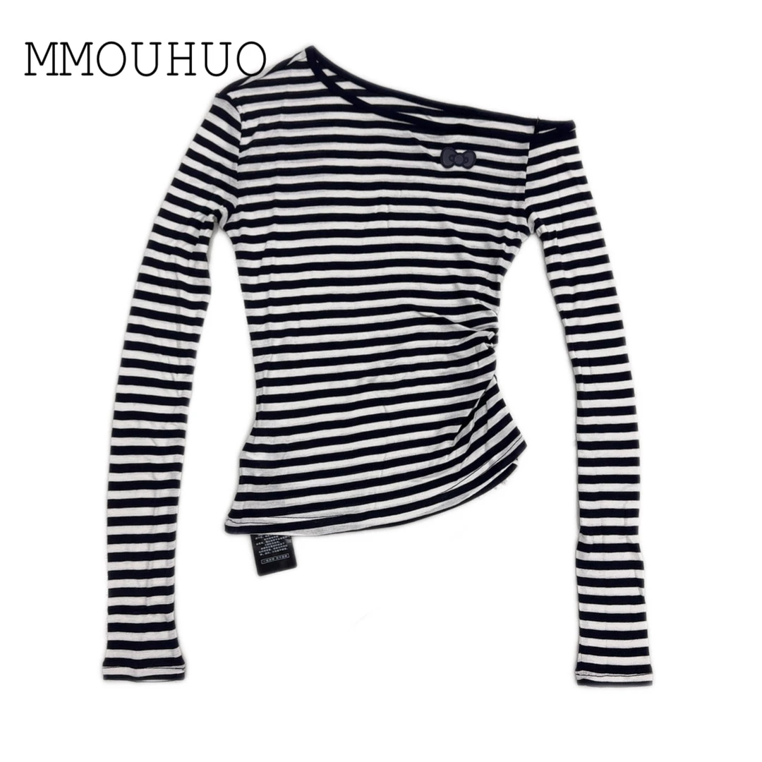 深圳MMOUHUO新款甜美少女蝴蝶结刺绣黑白条纹斜领露肩T恤