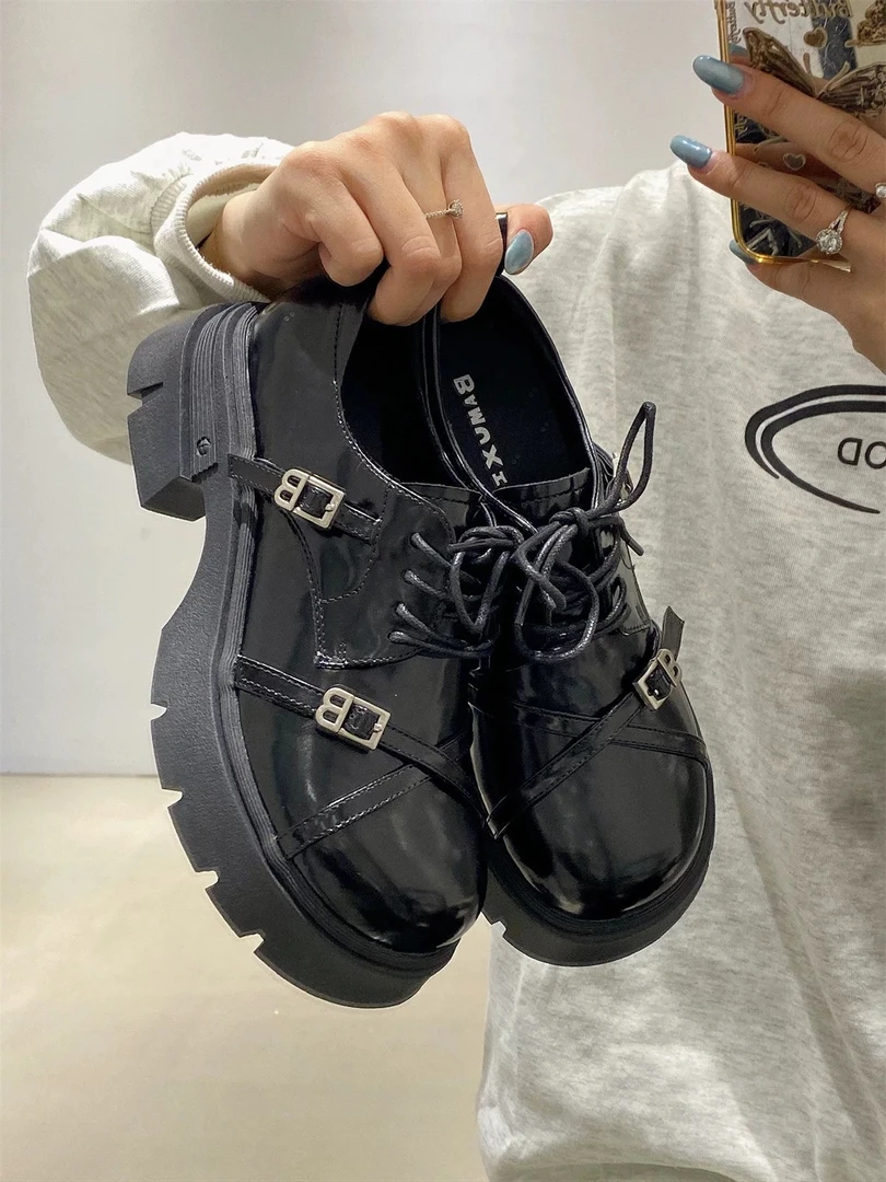 米娜家英伦风厚底增高圆头乐福鞋单鞋